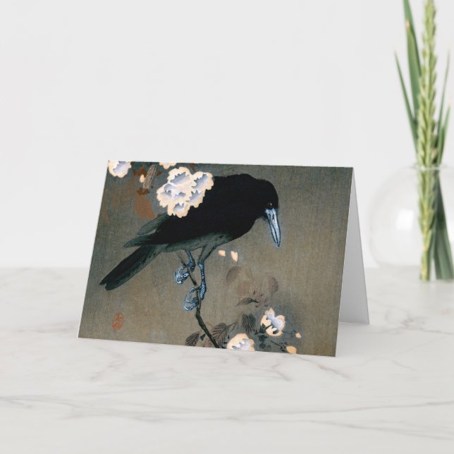 Cartão Vintage Japonês Crow and Blossom Woodblock Impress (Frente)