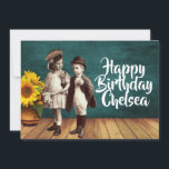 Cartão Vintage Kids & Sunflower Personated Birday<br><div class="desc">Diversão vintage,  cartão de aniversário,  apresenta fofinhos bonitos e vestidos,  recorte de fotos,  pote de girassóis e texto de aniversário personalizável</div>