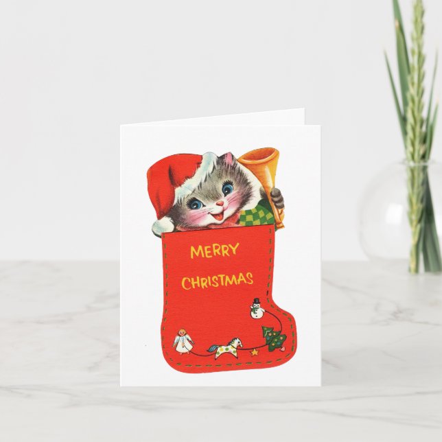 Cartão Vintage Kitten no Natal Stocks (Frente)