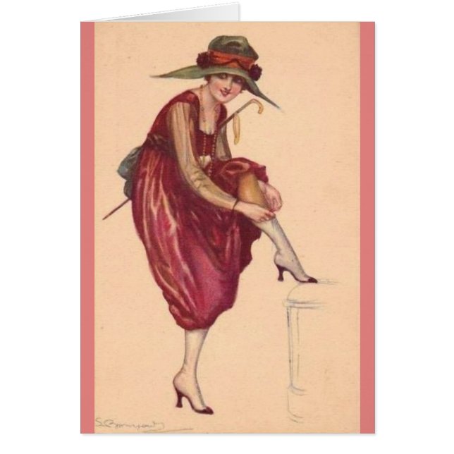 Cartão Vintage Lady Ajustando Suas Meias, (Frente)