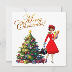 Cartão Vintage Lady Christmas Comprando presentes