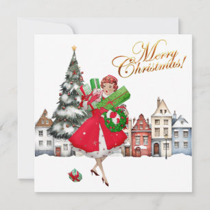 Cartão Vintage Lady Christmas Comprando presentes