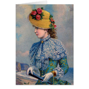 Cartão Vintage Lady em Azul pelo Mar,