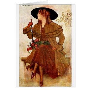 Cartão Vintage Lady Esperando em um banco,