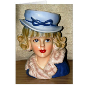 Cartão Vintage Lady Head Vase Blue Hat Collar Card