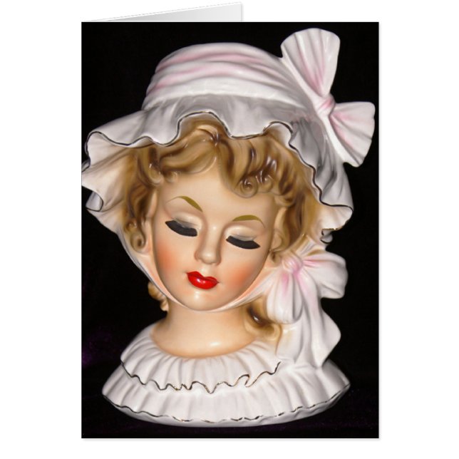 Cartão Vintage Lady Head Vase Pink Ruffled Bonnet (Frente)