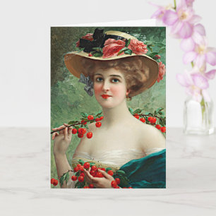 Cartão Vintage linda dama, chapéu e cerejas floridas