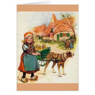 Cartão Vintage - Little Dutch Girl & Dog Cart,