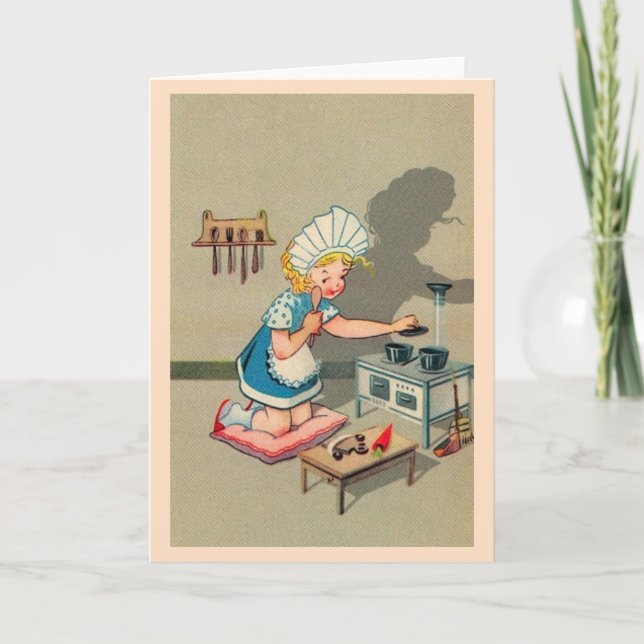 Cartão Vintage Little Girl tocando House Note Card (Frente)