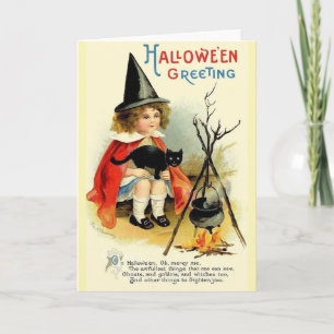 Cartão Vintage Little Wity and Black Cat Halloween Card