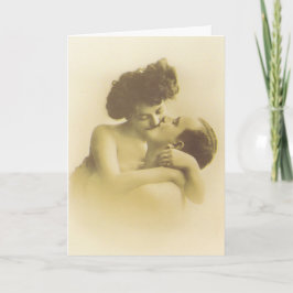 Cartão Vintage love couple kissing sepia illustration