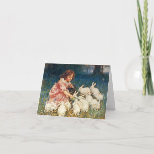 Cartão Vintage Lovely Art Note Card Girl Bunny Rabbits