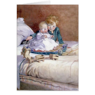 Cartão Vintage - Menino e Irmã do Bebê,