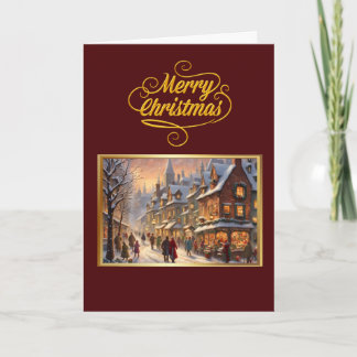 Cartão Vintage Merry Christmas with Snowy Town Card