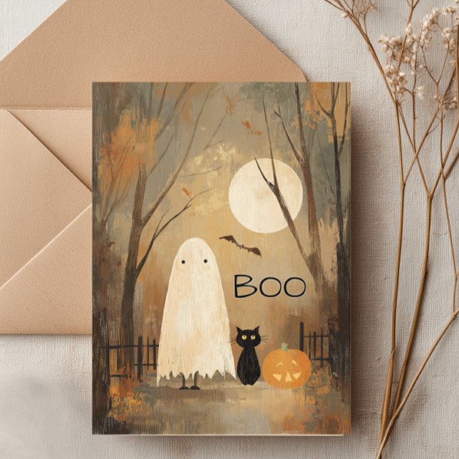 Cartão Vintage Moody Ghost & Black Cat (Cute Moody Ghost Halloween. Card)