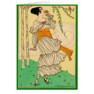 Cartão Vintage Mulher Cheirando Flor