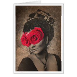 Cartão Vintage mulher com rosas para os olhos