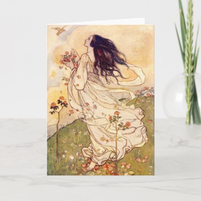 Cartão Vintage - Mulher e Pássaro, (Frente)