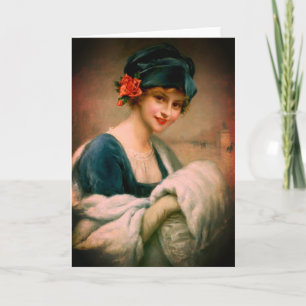 Cartão Vintage mulher em pele de mão muff retrato de inve