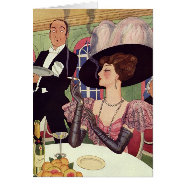 Cartão Vintage Mulher Fumando Bebendo de Cigarro Champanh (Frente)