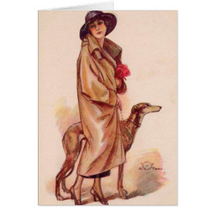 Cartão Vintage - mulher Na moda com Greyhound,