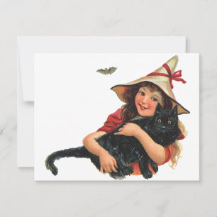 Cartão Vintage o Dia das Bruxas, bruxa da menina com gato