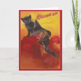 Cartão Vintage o Dia das Bruxas do gato preto da bruxa