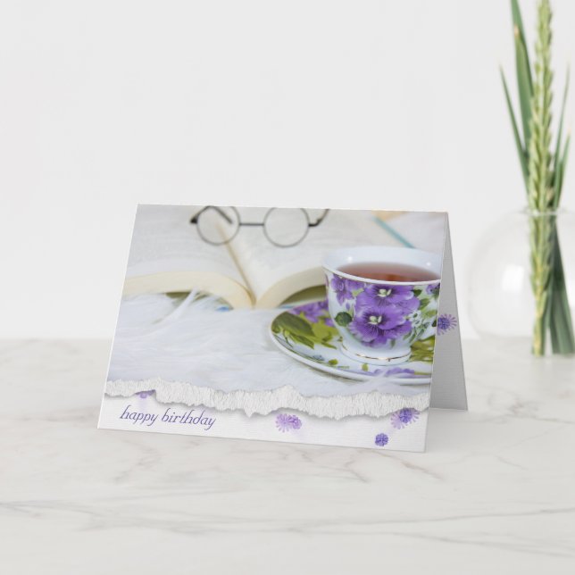 Cartão vintage pansy tea em pelo com livro (Frente)