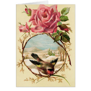 Cartão Vintage - pássaro e rosa do inverno,