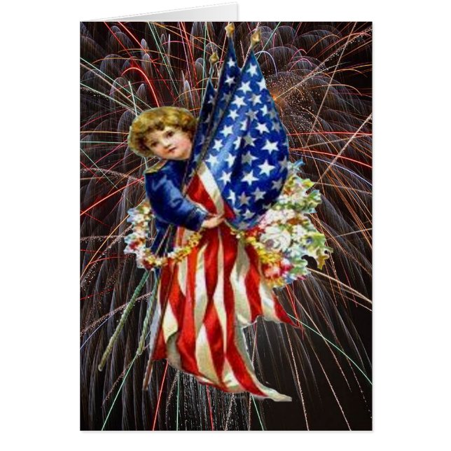 Cartão Vintage Patriotic Child and Fireworks (Frente)