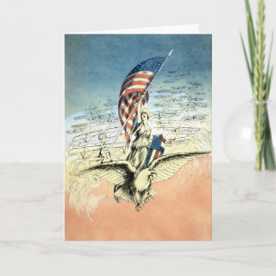 Cartão Vintage Patriótico, Senhora, Águia com Bandeira Am