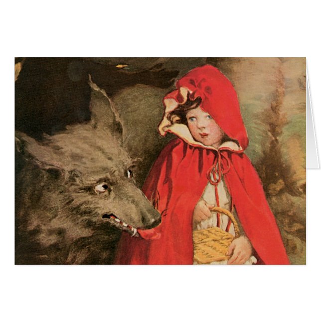 Cartão Vintage Pequeno Chapeuzinho Vermelho e Grande Lobo (Frente Horizontal)