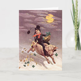 Cartão Vintage Pig Moon Dourado Shamrock Dia de São Patrí