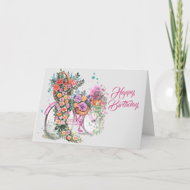 Cartão Vintage Pink Bicycle Floral Birday (Frente)