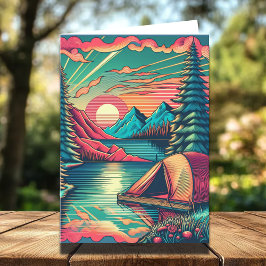 Cartão Vintage Pink e Teal Camping Themed Birday