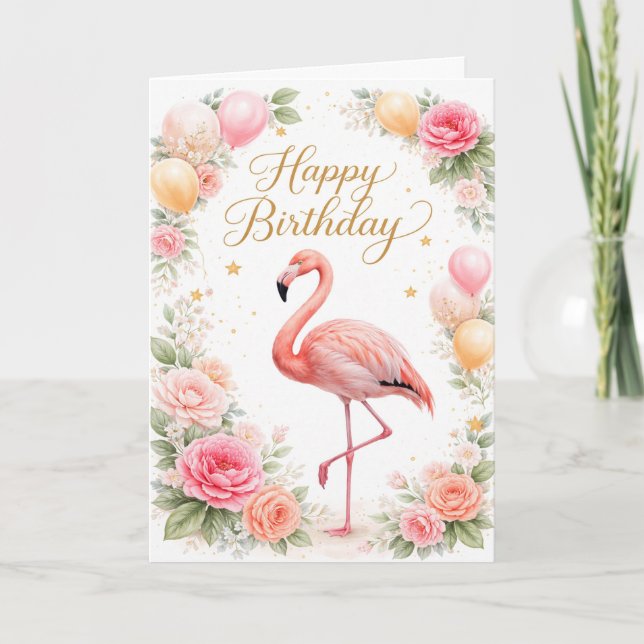 Cartão Vintage Pink Flamingo Birthday (Frente)