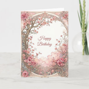 Cartão Vintage Pink Floral Art Nouveau Aniversário