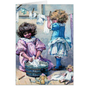 Cartão Vintage pintando garotas lavando roupa lavando dia