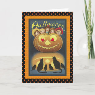 Cartão Vintage Pumpkin Head and Black Cats Halloween Card