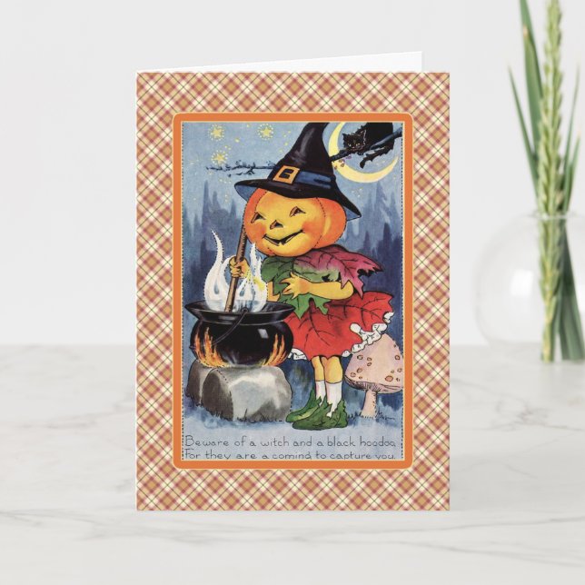 Cartão Vintage Pumpkin Witch Cauldron Halloween Card (Frente)