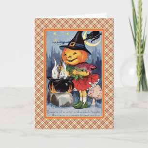 Cartão Vintage Pumpkin Witch Cauldron Halloween Card