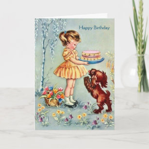 Cartão Vintage - Rapariga de Aniversário e Cão Dela,