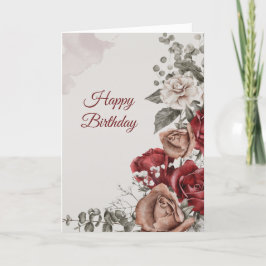 Cartão Vintage Red Bronze White Roses Floral Aniversário