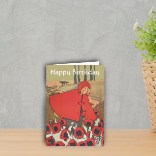 Cartão Vintage Red Riding Hood Poppy Flowers Birthday