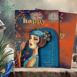 Cartão Vintage Retro Ano Novo Laranja Azul