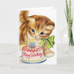 Cartão Vintage Retro Cat Kitten Birthday Cake Greeting