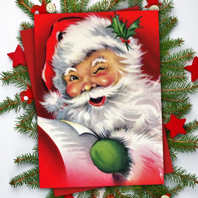 Cartão Vintage Retro Winking Papai Noel Natal Personaliza (Vintage Retro Winking Santa Claus Custom Christmas Card)