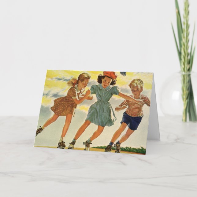 Cartão Vintage Roller Patinando crianças divertidas Menin (Frente)