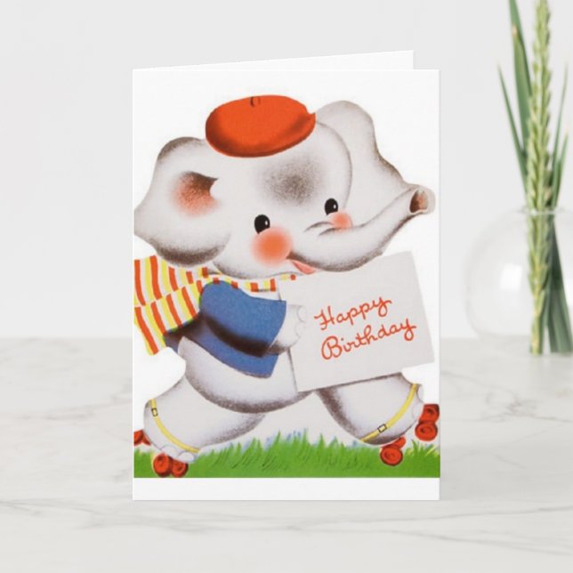 Cartão Vintage Roller Skating Elephant Birthday Card (Frente)