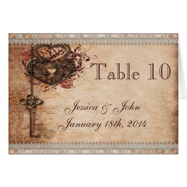 Cartão Vintage Romance Key & Heart Table Number (Frente horizontal)